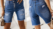 Load image into Gallery viewer, Women’s Cotton Denim Shorts – Mid-Length Frayed Hem Distressed