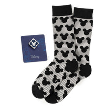 Load image into Gallery viewer, Disney Mickey Mouse Stripe Gray Sock and Mickey Blue Lapel Pin Gift Set