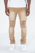 Load image into Gallery viewer, F1748A Shredded Biker Denim Jeans w/ Bottom Leg Zipper | 32-inch Inseam - Khaki