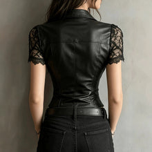 Load image into Gallery viewer, Black PU Leather Button Shirt with Lace Patchwork Cuffs – Gothic Slim Fit Top