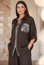 Load image into Gallery viewer, Women's Sequin Pocket & Placket Oversized Shirt & Wide-Leg Pants Set