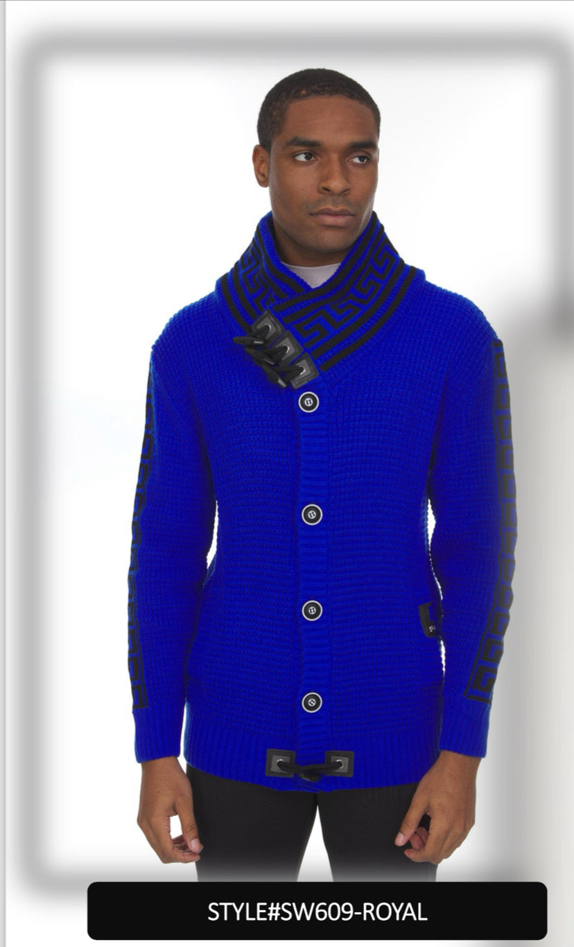 Suslo Couture Men s Royal Blue Button Up Sweater Meander Print