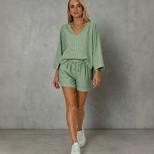 Load image into Gallery viewer, Women's Loose V-Neck Long Sleeve Striped Shorts Set – Casual Leisure