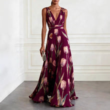 Load image into Gallery viewer, Tulip Print V-Neck Sleeveless Maxi Dress – Floral Chiffon