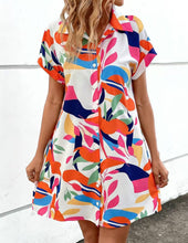 Load image into Gallery viewer, Women's Colorful Tropical Print Shirt Dress – Button Front Short Sleeve Collared A-Line Midi