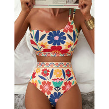Load image into Gallery viewer, One-Shoulder Floral High-Waisted Bikini Set – Belly-Cinching Two-Piece Swimsuit