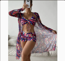 Load image into Gallery viewer, Mesh Cover-Up Three-Piece Swimwear Set – Bikini with Leg-Length Briefs