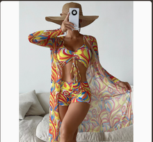 Load image into Gallery viewer, Mesh Cover-Up Three-Piece Swimwear Set – Bikini with Leg-Length Briefs