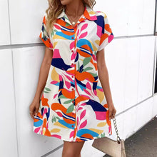 Load image into Gallery viewer, Women's Colorful Tropical Print Shirt Dress – Button Front Short Sleeve Collared A-Line Midi