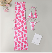 Load image into Gallery viewer, Women's Solid Color Three-Piece Bikini Set with Maxi Dress Cover-Up