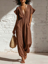 Load image into Gallery viewer, Women's Deep V-Neck Three-Quarter Sleeve High Waist Wide Leg Pants