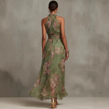 Load image into Gallery viewer, Green Graffiti Print Mesh Suspender Maxi Dress – High-Waist Irregular Slit Streetwear Dress
