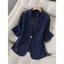 Load image into Gallery viewer, Women's Lace Patchwork Blazer | Three-Quarter Sleeve One-Button Suit Jacket in White & Black