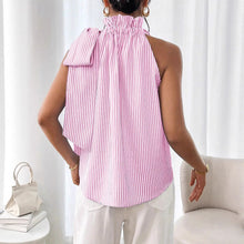 Load image into Gallery viewer, Women's Striped Sleeveless Top – Ruffle High Neck Lace Trim Tie-Knot Bow Blouse