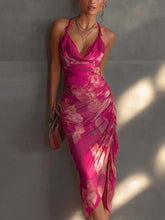 Load image into Gallery viewer, Carmine Red Backless Halter Maxi Dress – Printed High-Slit Slim-Fit Long Dress for Women