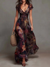Load image into Gallery viewer, Women's Deep V-Neck Painted Print Chiffon Maxi Dress | Fitted Waist Flowy A-Line Dress