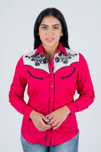 Load image into Gallery viewer, Ladies Cotton Red Embroidery Western Shirt With Suede