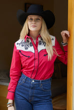 Load image into Gallery viewer, Ladies Cotton Red Embroidery Western Shirt With Suede