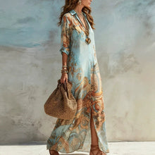 Load image into Gallery viewer, Women's Floral Print Chiffon Turn-Down Collar Split Maxi Dress | Resort Beach Dress
