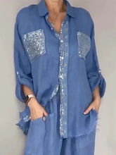 Load image into Gallery viewer, Women's Sequin Pocket Button-Up Shirt & Wide-Leg Pants Set