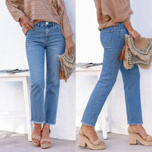 Load image into Gallery viewer, Women's Straight Leg Ankle-Length Raw Hem Denim Pants – Casual High-Waist Jeans