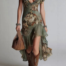 Load image into Gallery viewer, Women's Vintage Oil Painting Print Bubble Sleeve A-Line Midi Dress | Ruffle Irregular Hem Dress