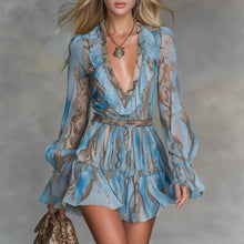 Load image into Gallery viewer, Women's Snake Print Puff Sleeve Mini Dress | Boho V-Neck Ruffle Hem Dress in 2 Colors