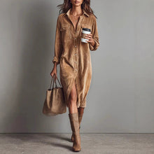 Load image into Gallery viewer, Women's Corduroy Long Sleeve Shirt Dress – Turn-Down Collar Button Front Midi with Pockets