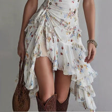 Load image into Gallery viewer, Chiffon Floral Print V-Neck Lace-Up Ruffled Dress – Women's Slim Fit Asymmetric Hem