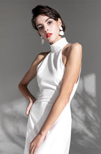 Load image into Gallery viewer, Elegant Haltered Hallowed Back Satin wedding dress thigh Split mini wedding dress