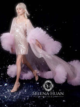 Load image into Gallery viewer, Ruffled tulle fringe hem sequin mesh long robe with sequin nightgown pink ivory