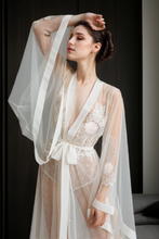 Load image into Gallery viewer, Elegant Sheer Lace Bridal Robe with Floral Embroidery and Satin Tie