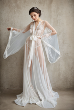Load image into Gallery viewer, Elegant Sheer Lace Bridal Robe with Floral Embroidery and Satin Tie