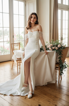 Load image into Gallery viewer, Elegant off-the-shoulder tulle long sleeves stretchy fit and flare Satin wedding dress