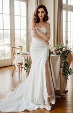 Load image into Gallery viewer, Elegant off-the-shoulder tulle long sleeves stretchy fit and flare Satin wedding dress