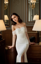 Load image into Gallery viewer, Elegant off-the-shoulder tulle long sleeves stretchy fit and flare Satin wedding dress
