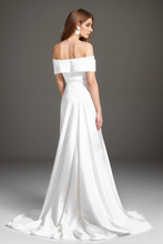 Load image into Gallery viewer, Elegant off-the-shoulder fit and flare Stretchy Satin wedding dress