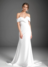 Load image into Gallery viewer, Elegant off-the-shoulder fit and flare Stretchy Satin wedding dress
