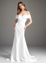 Load image into Gallery viewer, Elegant off-the-shoulder fit and flare Stretchy Satin wedding dress