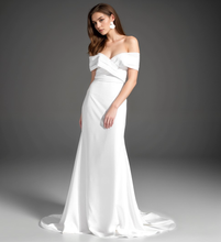 Load image into Gallery viewer, Elegant off-the-shoulder fit and flare Stretchy Satin wedding dress