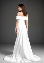 Load image into Gallery viewer, Elegant off-the-shoulder fit and flare Stretchy Satin wedding dress
