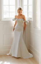 Load image into Gallery viewer, Elegant off the shoulder fit and flare duchess satin simple wedding dress colored wedding dress