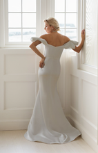 Load image into Gallery viewer, Elegant off the shoulder fit and flare duchess satin simple wedding dress colored wedding dress