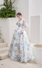 Load image into Gallery viewer, Elora - embroidery golden blue floral pattern off-the-shoulder Princess Prom Dress