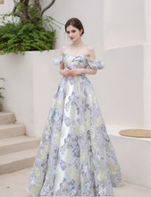 Load image into Gallery viewer, Elora - embroidery golden blue floral pattern off-the-shoulder Princess Prom Dress