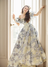 Load image into Gallery viewer, Elora - embroidery golden blue floral pattern off-the-shoulder Princess Prom Dress