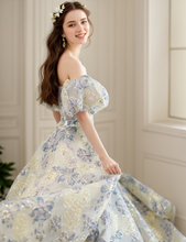 Load image into Gallery viewer, Elora - embroidery golden blue floral pattern off-the-shoulder Princess Prom Dress