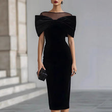 Load image into Gallery viewer, One-Shoulder Velvet Gold Thread Dress – Elegant Midi Dress in Black & Red