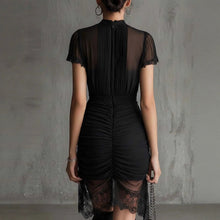Load image into Gallery viewer, Black Lace Patchwork Slit Midi Dress – Slim-Fit High-Waist See-Through Dress for Women