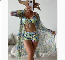 Load image into Gallery viewer, Mesh Cover-Up Three-Piece Swimwear Set – Bikini with Leg-Length Briefs